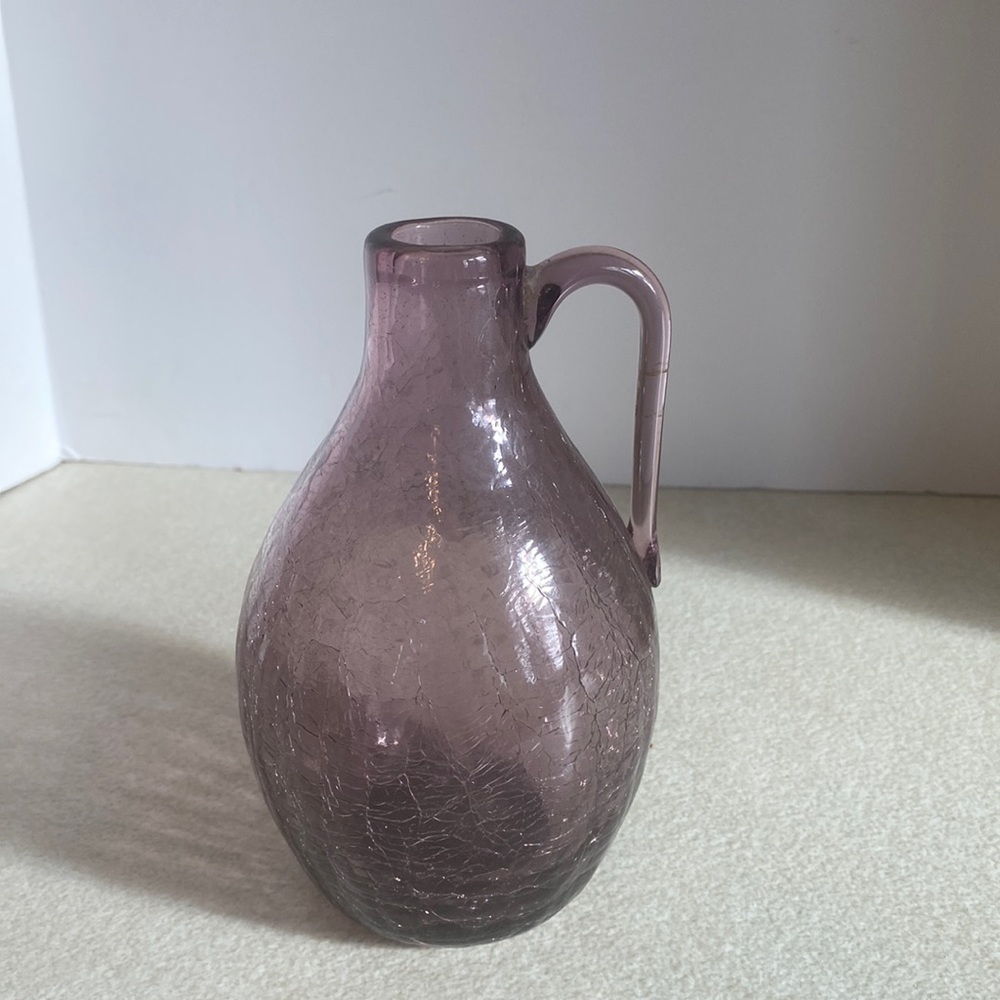 Vintage 1970’s hand blown amethyst crackle glass 6” bottle with attached handle